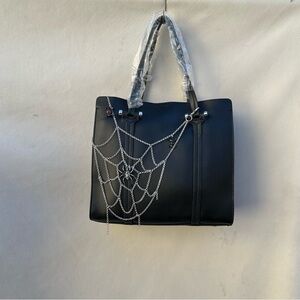 Black Designer Tote Bag with Silver Web Detail